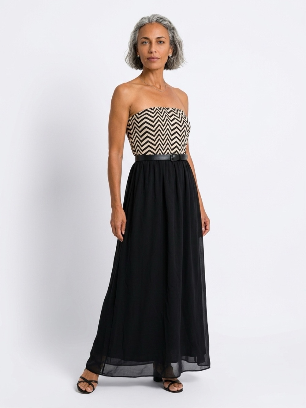 Enfocus Studio Strapless Maxi Dress in Black and Cream Chevron